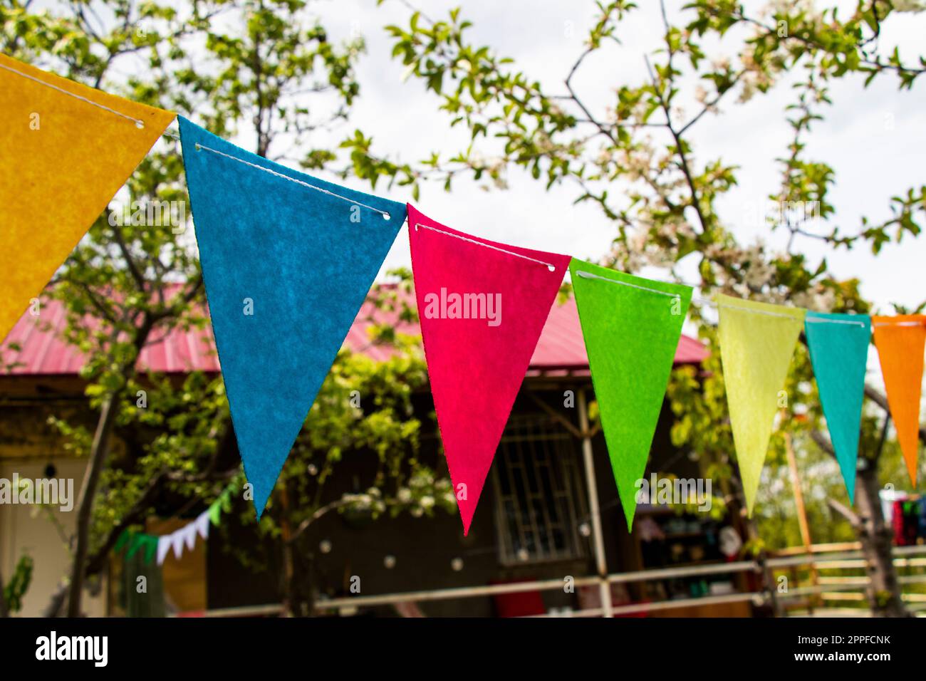 Party flags in yard, colorful flags Stock Photo Alamy