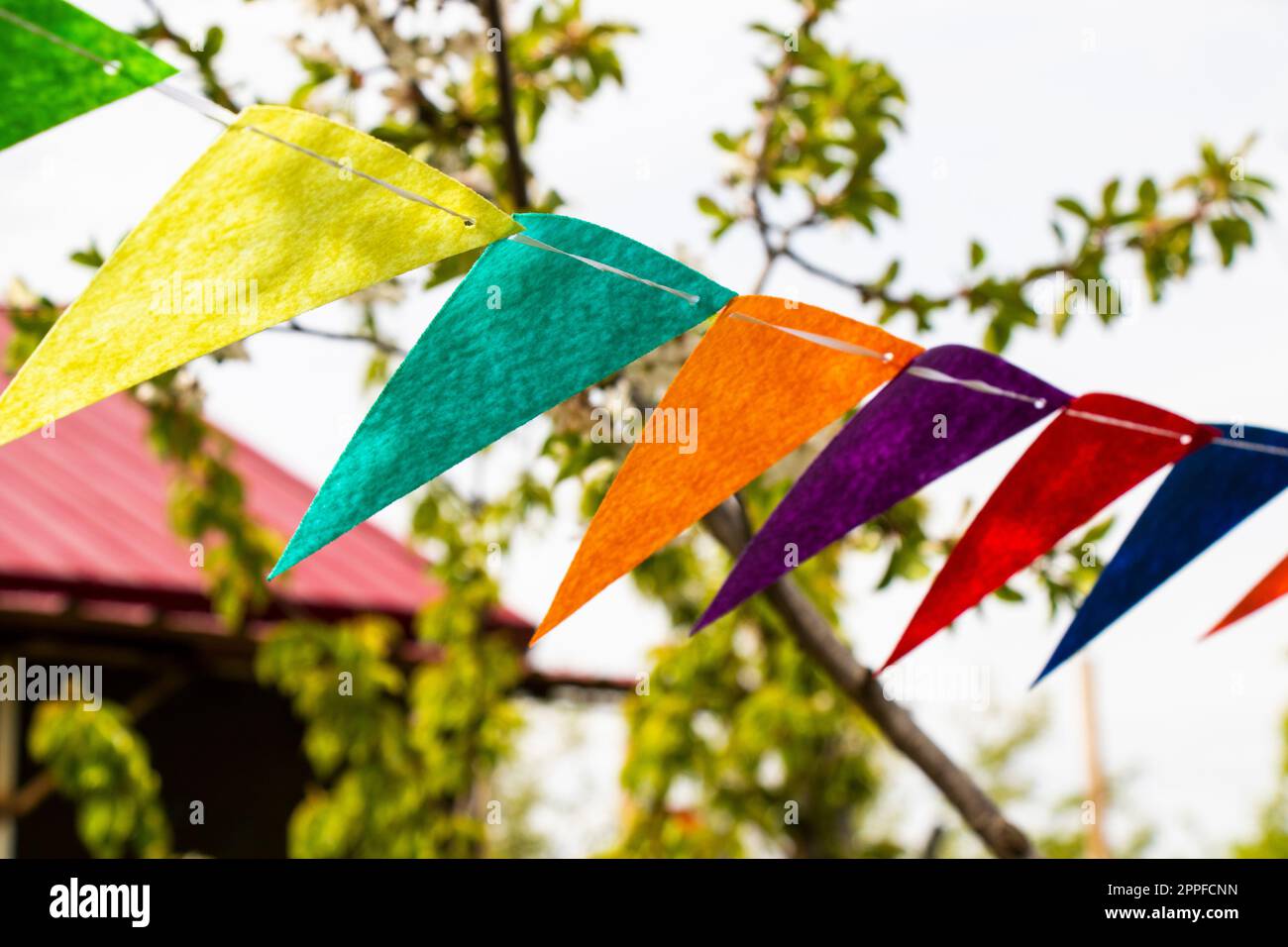 Party flags in yard, colorful flags Stock Photo Alamy