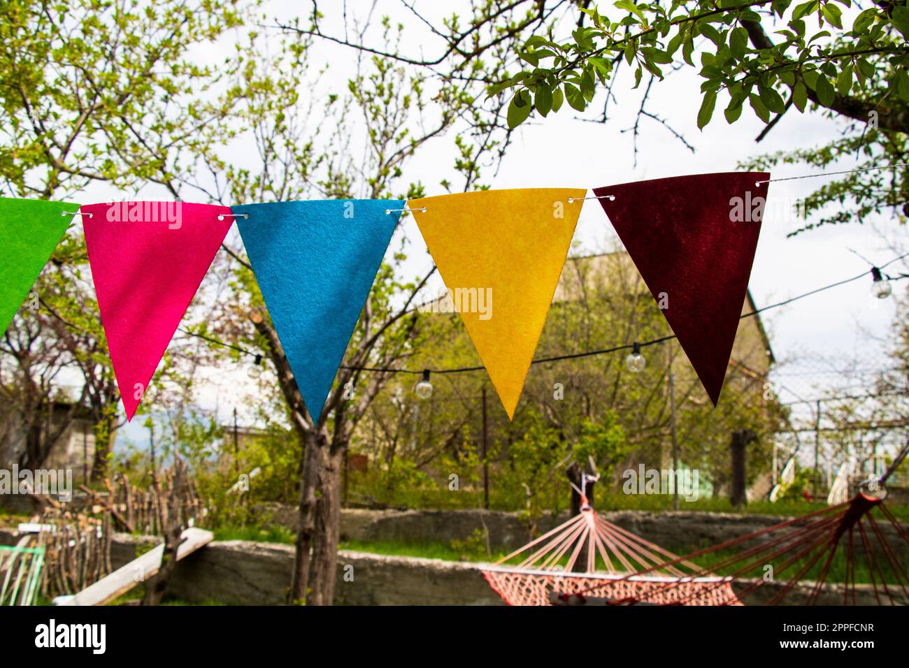 Party flags in yard, colorful flags Stock Photo Alamy