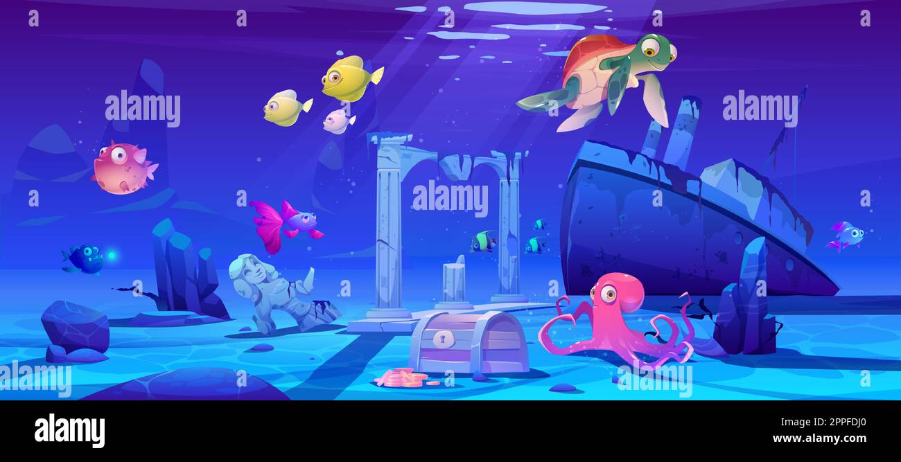 Underwater background with ocean fish, sunken ship and ruins. Vector