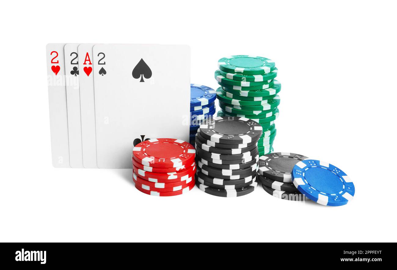 Playing cards and plastic casino chips on white background. Poker game Stock Photo