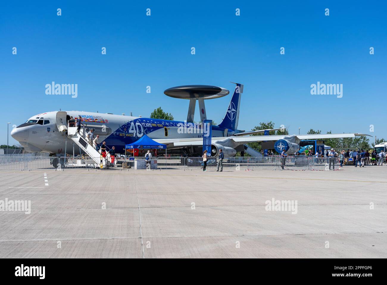 BERLIN, GERMANY - JUNE 23, 2022: The military aircraft Boeing E-3A Sentry AWACS. Special Livery NATO 40 Years Anniversary Colors. Exhibition ILA Berlin Air Show 2022 Stock Photo