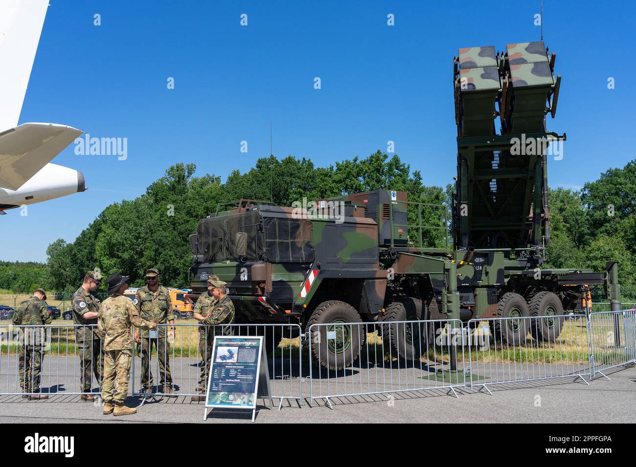 BERLIN, GERMANY - JUNE 23, 2022: Mobile surface-to-air missile and anti-ballistic missile system MIM-104 Patriot. German Air Force. Exhibition ILA Berlin Air Show 2022 Stock Photo