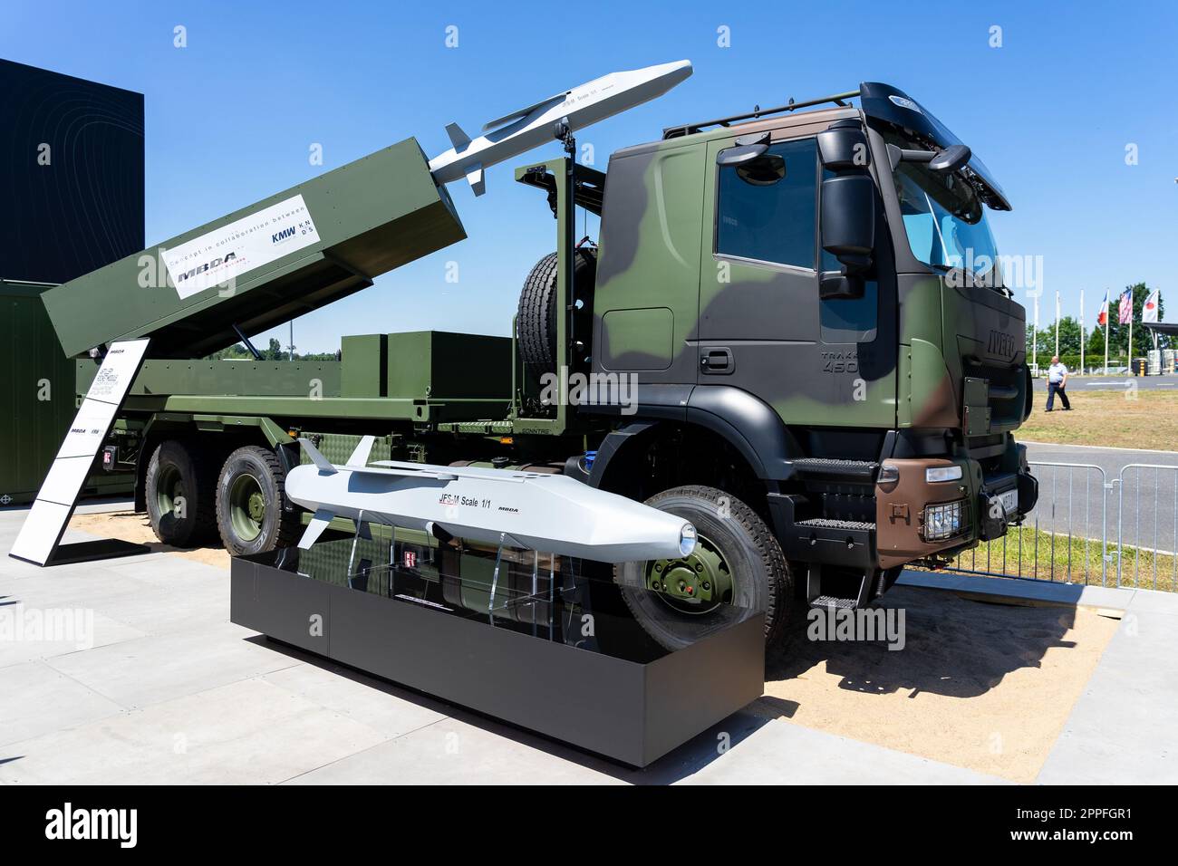 BERLIN, GERMANY - JUNE 23, 2022: Artillery Rocket Module - concept for a future missile and rocket artillery platform by MBDA. Exhibition ILA Berlin Air Show 2022 Stock Photo