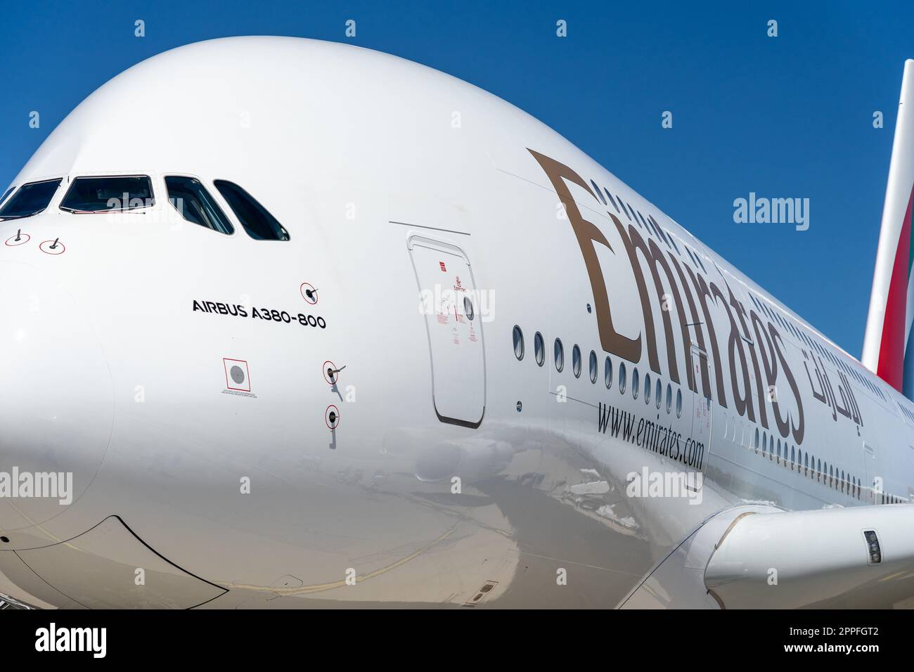 BERLIN, GERMANY - JUNE 23, 2022: Fragment of the largest passenger airliner in the world - Airbus A380-800. Emirates Airline. Exhibition ILA Berlin Air Show 2022 Stock Photo