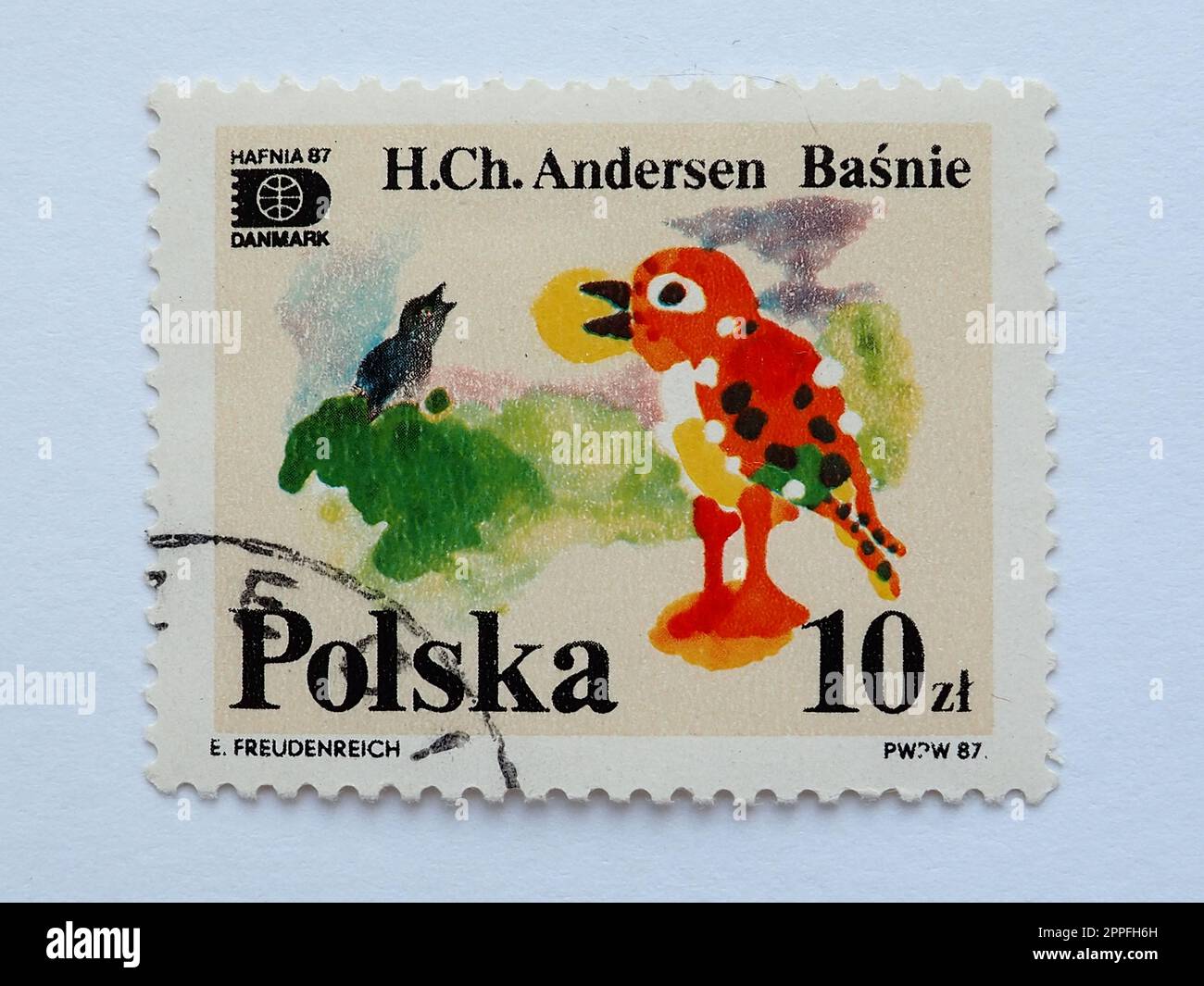 Petrozavodsk, Russia, July 26, 2021 Postage stamp Hans Christian Andersen Tales and fables 10 PLN with postmark E.Freudenreich PWPW 87 HAFNIA 87 Denmark Poland. Nightingale bird folk song Stock Photo