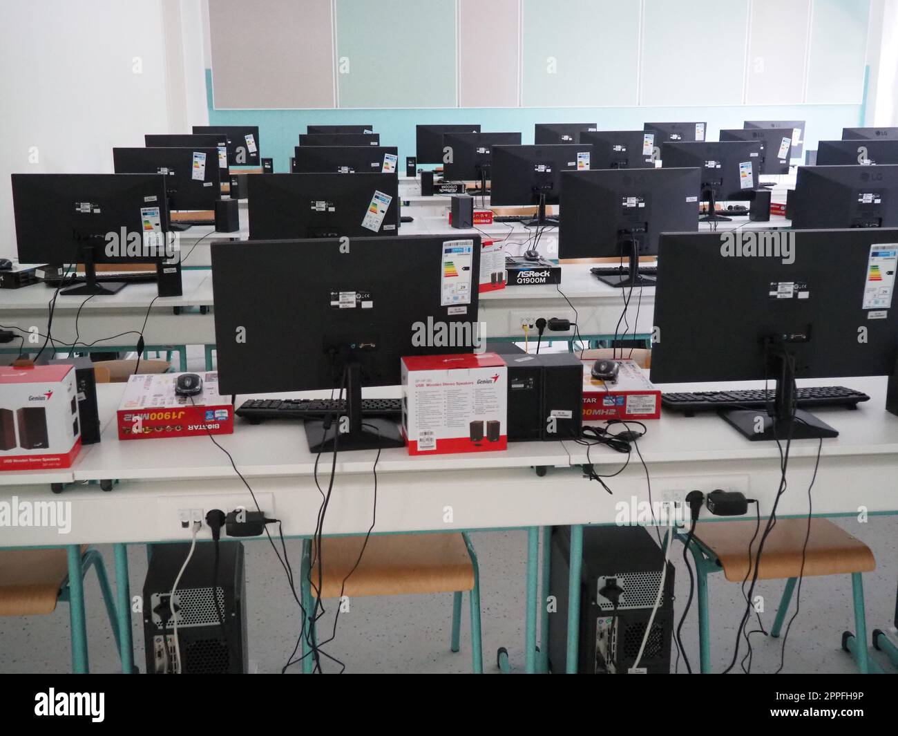 Sremska Mitrovica, Serbia, May 15, 2021 Group of computer neatly placed