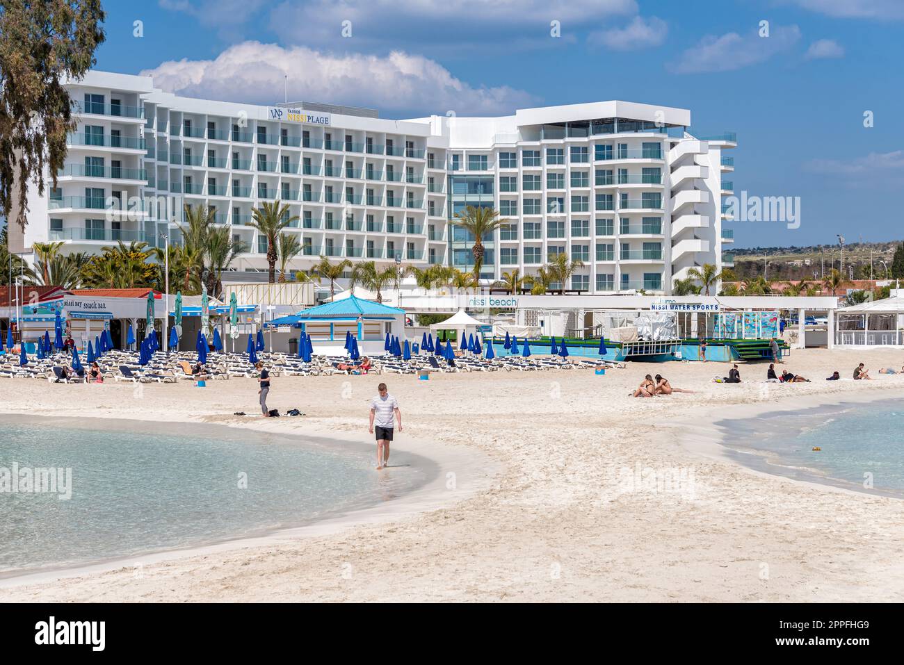 Ayia Napa, Cyprus - March 25, 2022: Famous Nissi beach in spring, before the start of the tourist season Stock Photo