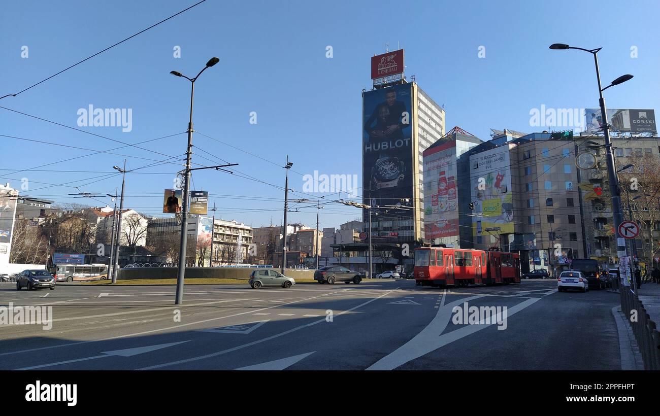 Belgrade, Serbia - January 24, 2020: Slavia Square in the center of Belgrade. Roundabout. Active traffic, cars, public transport, lights, road markings. Hotel Slavia and modern buildings. Stock Photo