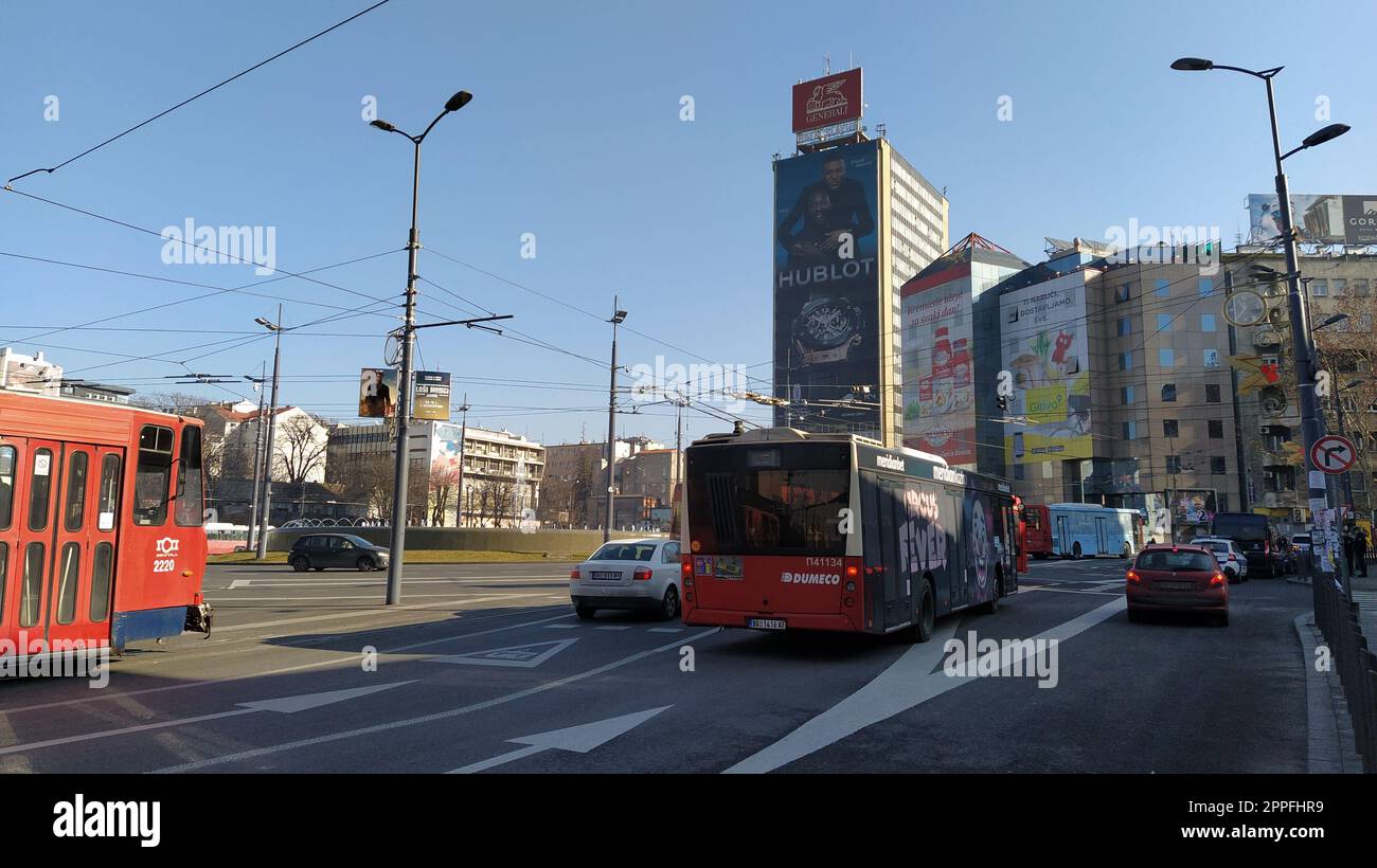 Belgrade, Serbia - January 24, 2020: Slavia Square in the center of Belgrade. Roundabout. Active traffic, cars, public transport, lights, road markings and tram. Hotel Slavia and modern buildings. Stock Photo