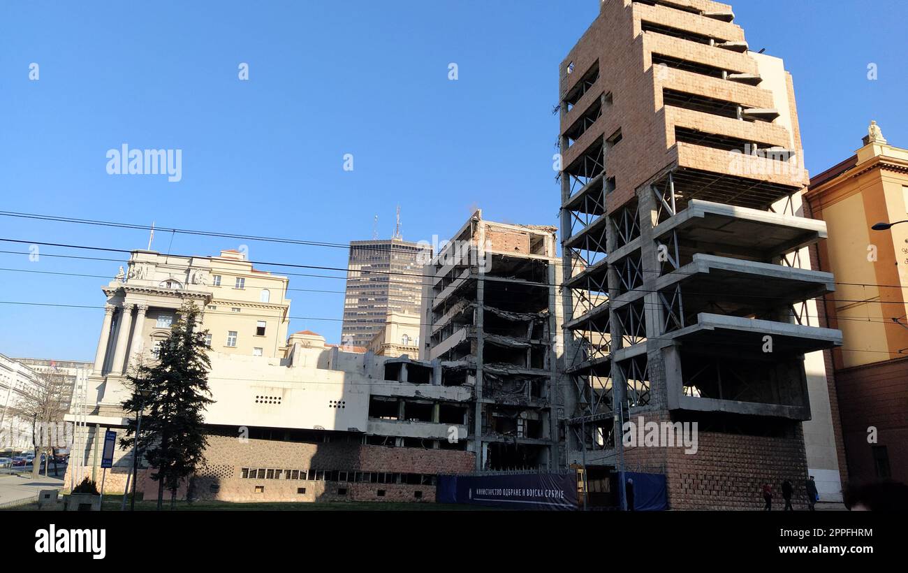 Belgrade, Serbia - January 24, 2020: Former building of the Ministry of Defense of Yugoslavia in Belgrade, heavily damaged during the bombing during the Allied Force operation conducted by NATO forces Stock Photo