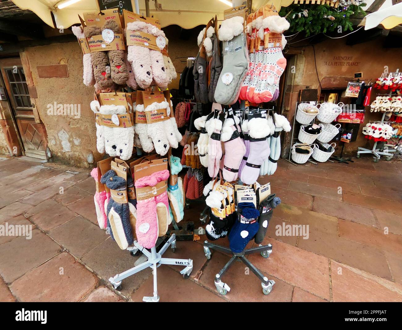 Souvenir shop along the street of Cathedral Notre Dame of Strasbourg, Alsace, France Stock Photo