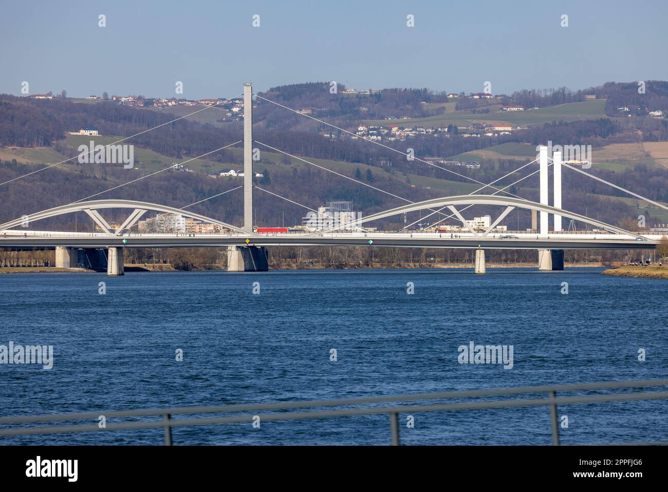 View of New Railway Bridge over Danube river, Linz, Austria Stock Photo ...
