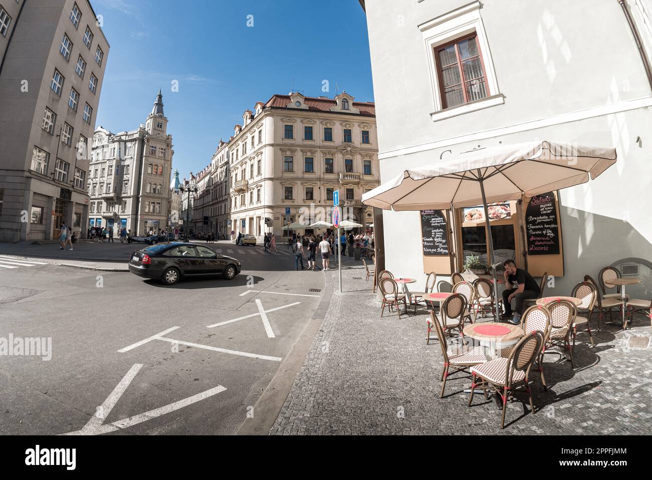 Prague, Czech Republic - May 18, 2017: Cafe on Franz Kafka square in front of Franz Kafka gallery Stock Photo