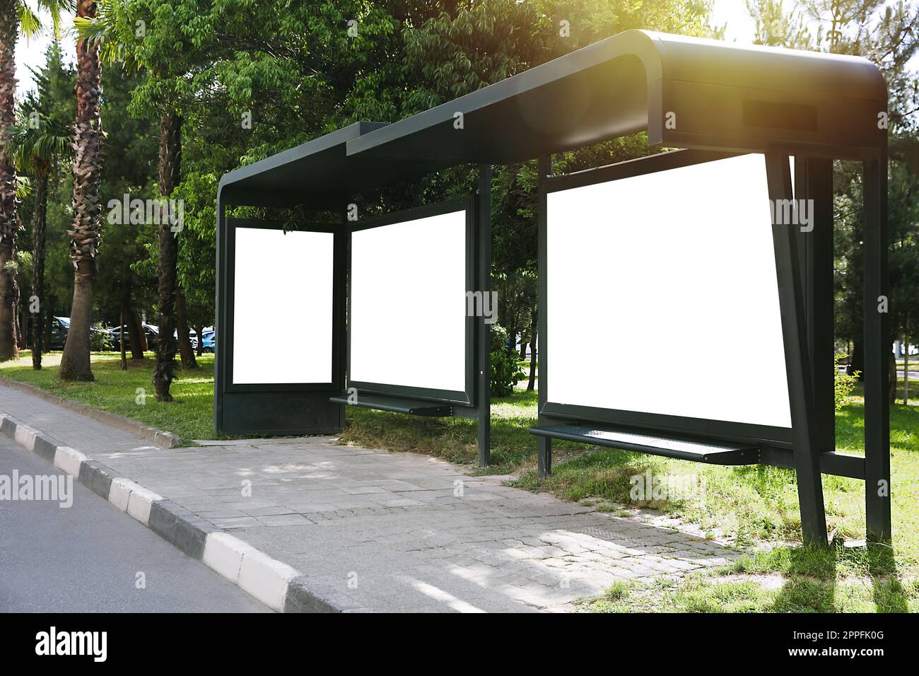 Blank advertising boards on transport stop. Space for design Stock ...
