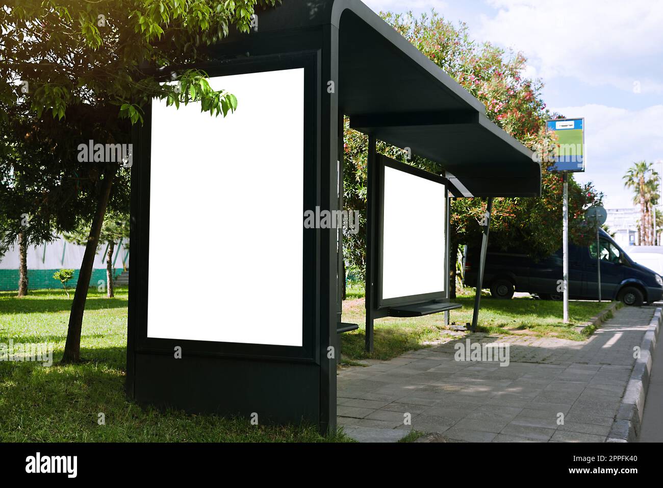 Blank advertising boards on transport stop. Space for design Stock ...