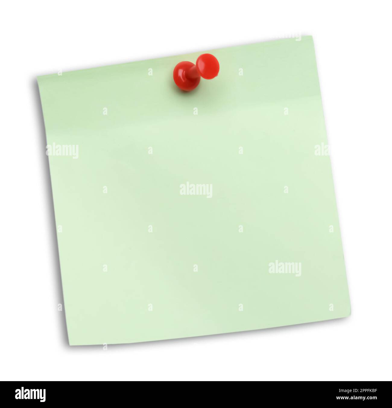Blank light green note pinned on white background, top view Stock Photo