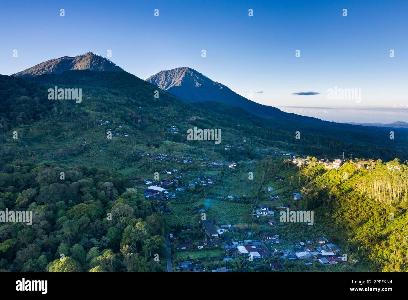 Drone view of the volcanic mountain of Munduk in Bali Indonesia Stock Photo