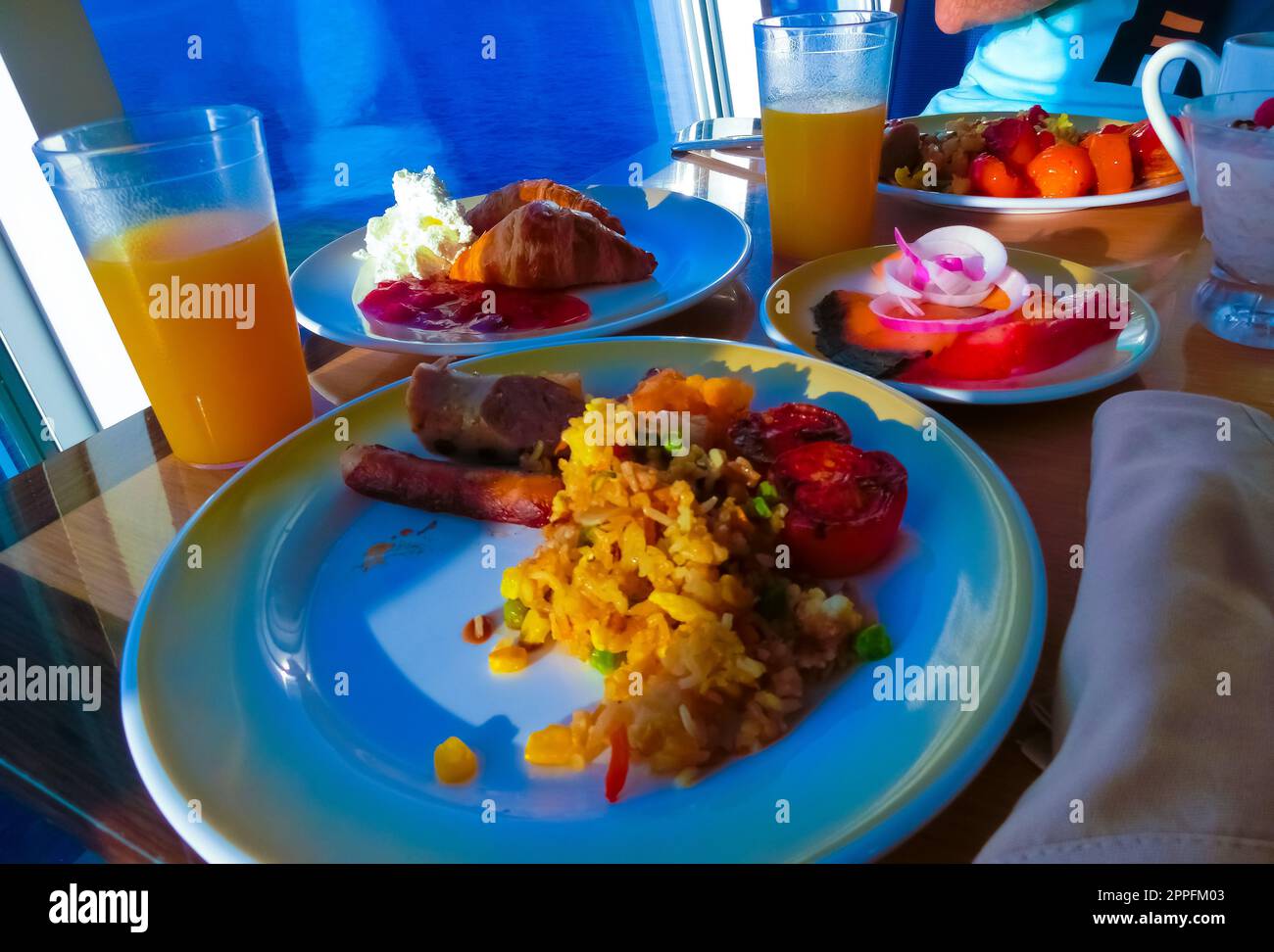 Dining Room Buffet aboard the abstract luxury cruise ship. Stock Photo