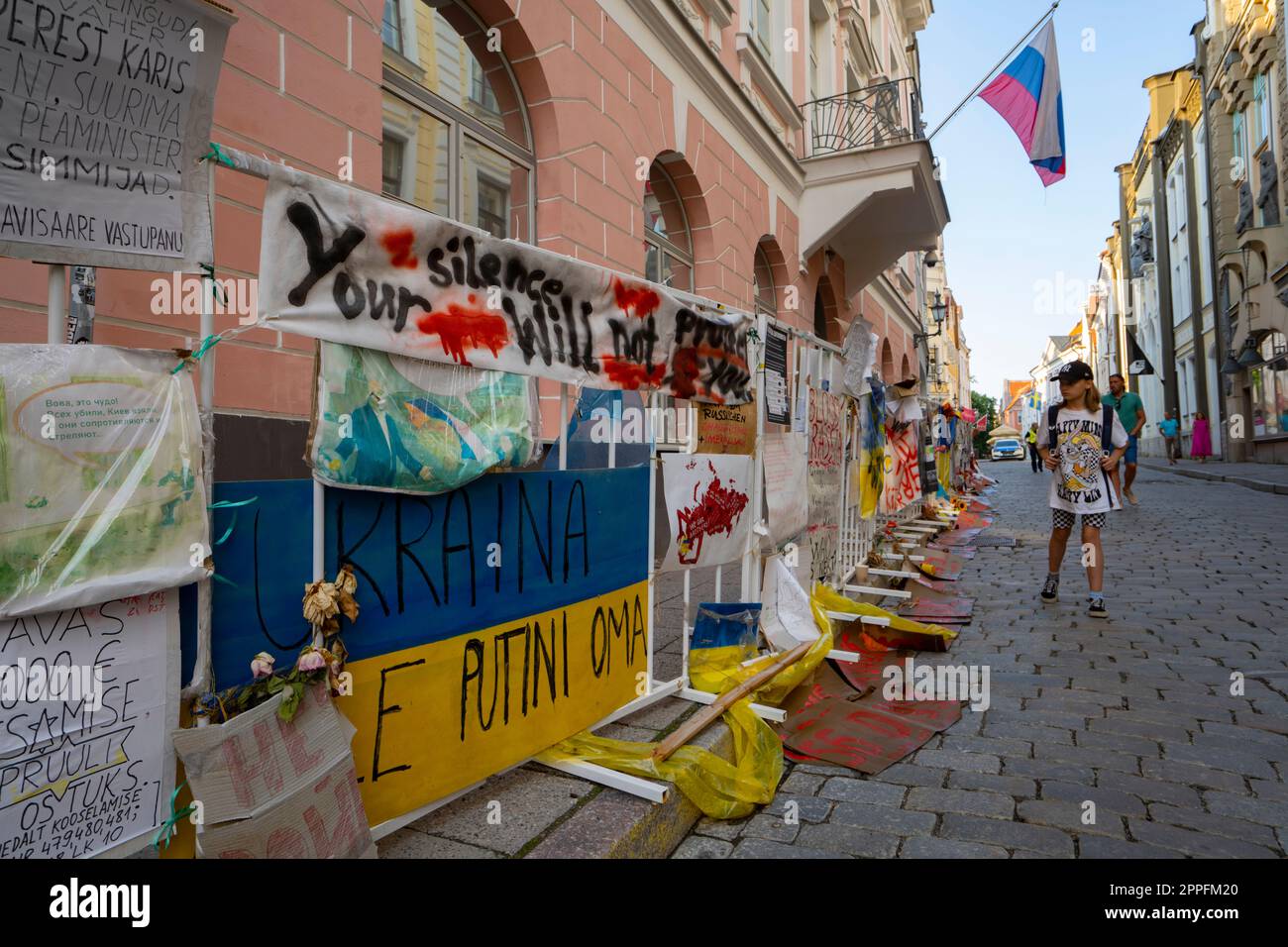 Protest placards in front of the Russian Embassy in Tallinn, Estonia Stock Photo