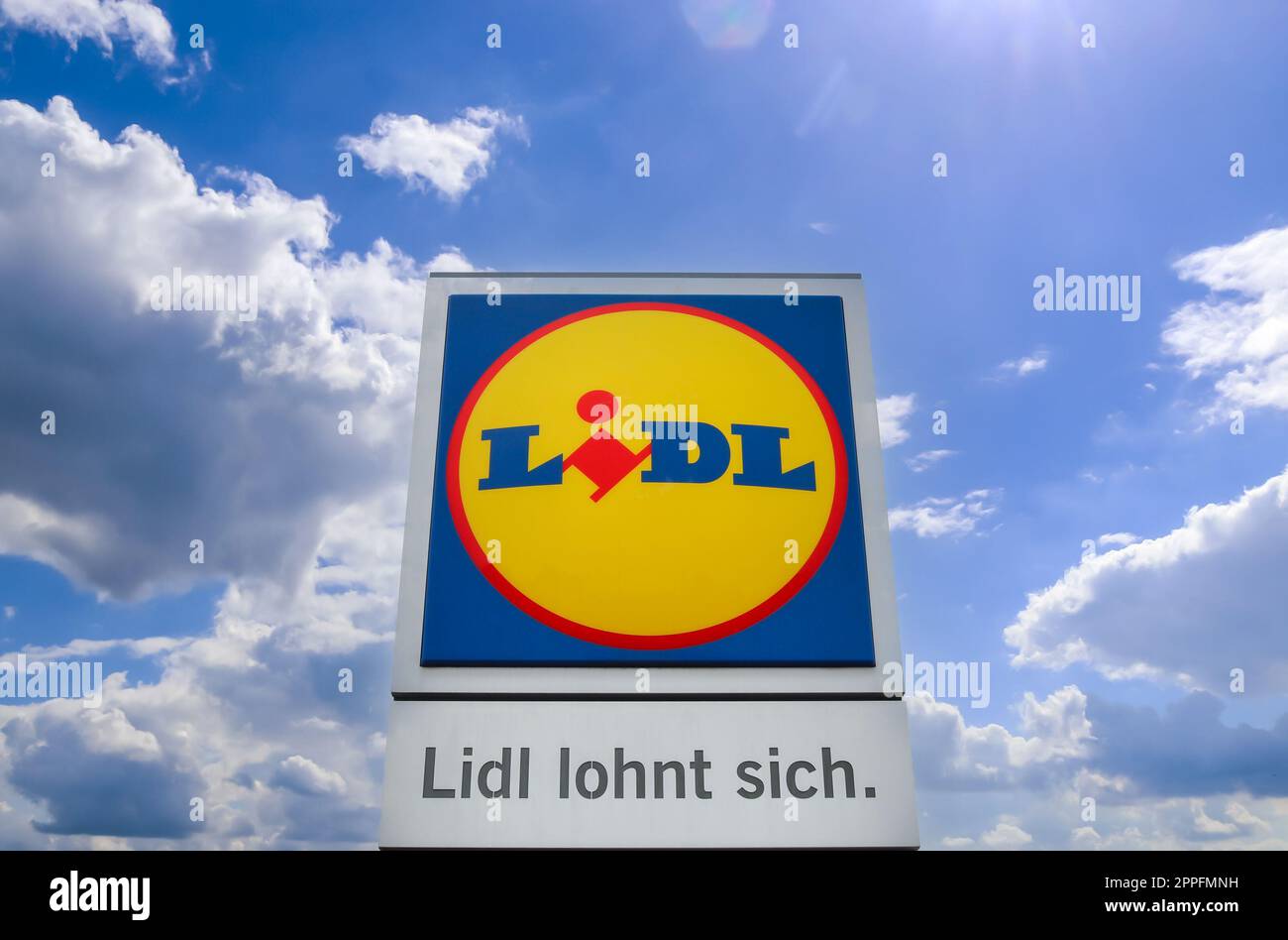 Kiel, Germany - 07. July 2022: Lidl logo of a big supermarket chain Stock Photo