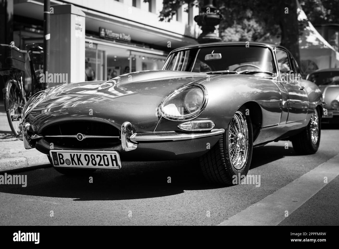 BERLIN - JUNE 18, 2022: Sports car Jaguar E-Type. Black and white. Classic Days Berlin. Stock Photo