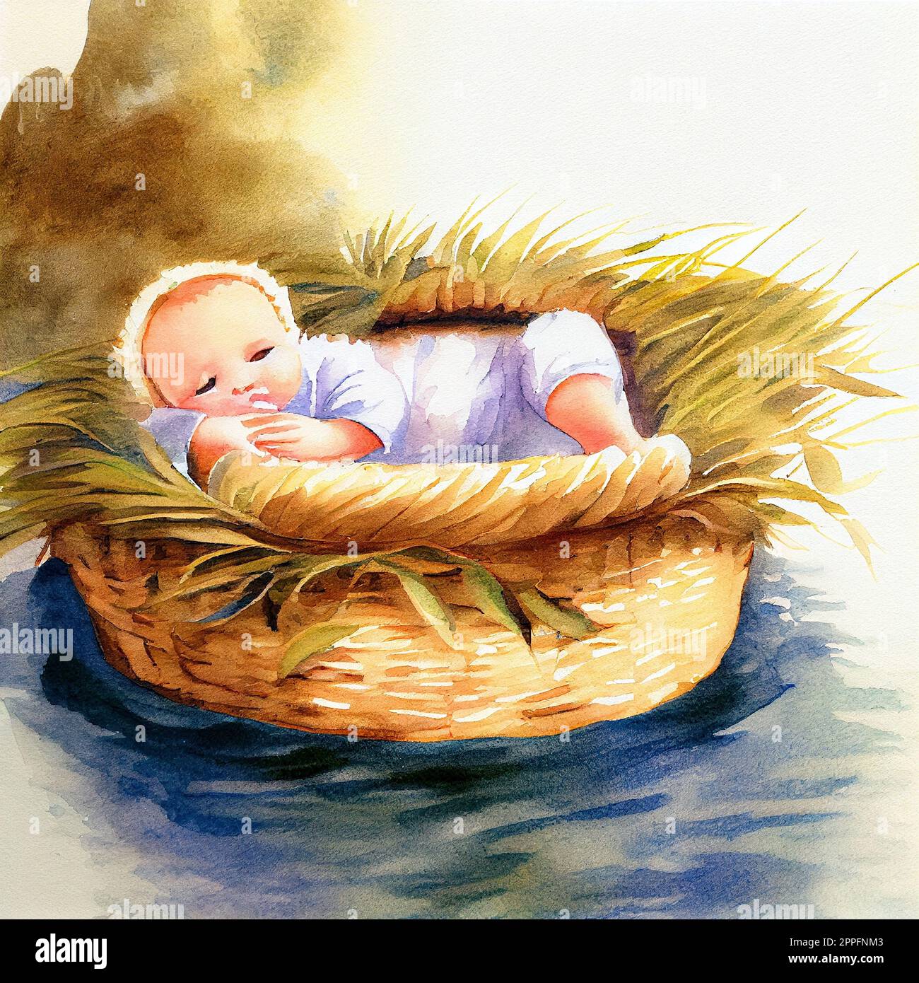 Baby Moses floating in a reed basket on the river Nile in Egypt, jewish