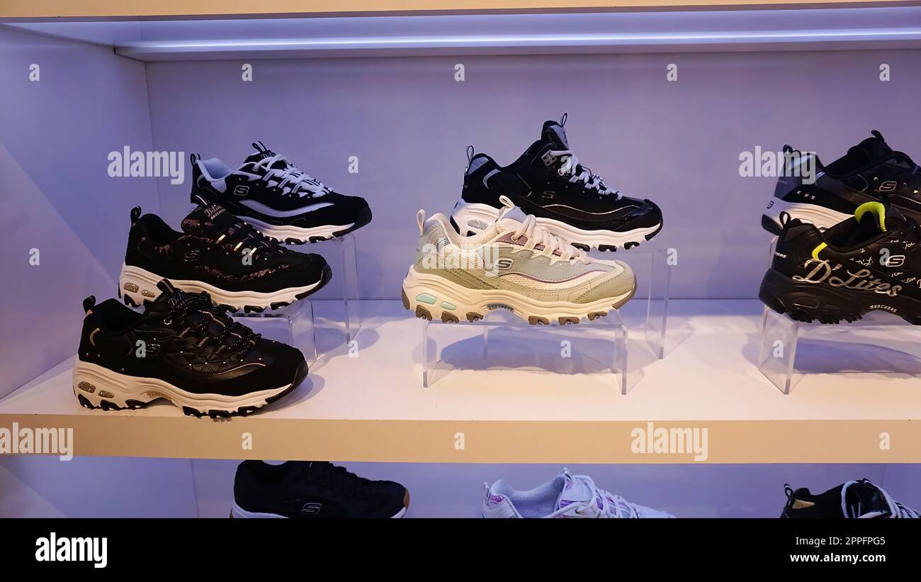 Kiyv, Ukraine - August 30, 2020: Skechers shoes at the shop at Shopping Mall. Stock Photo