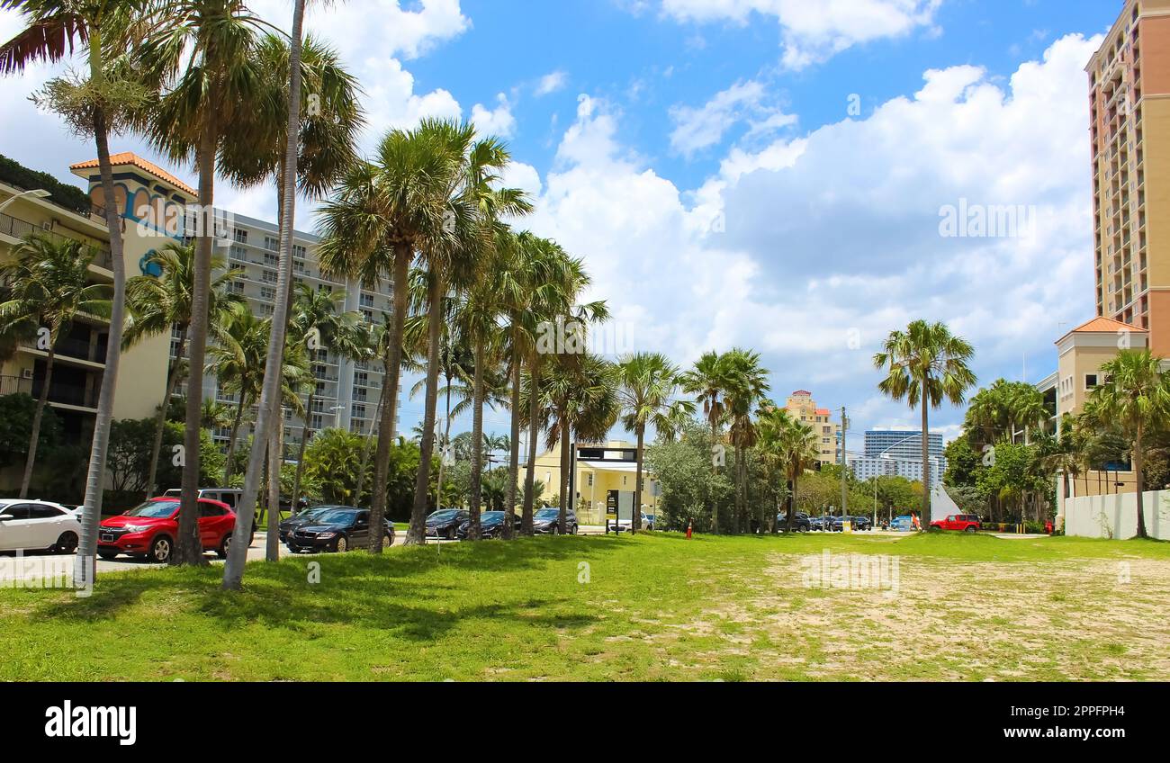 Fort Lauderdale buildings with the road in the foreground. Stock Photo