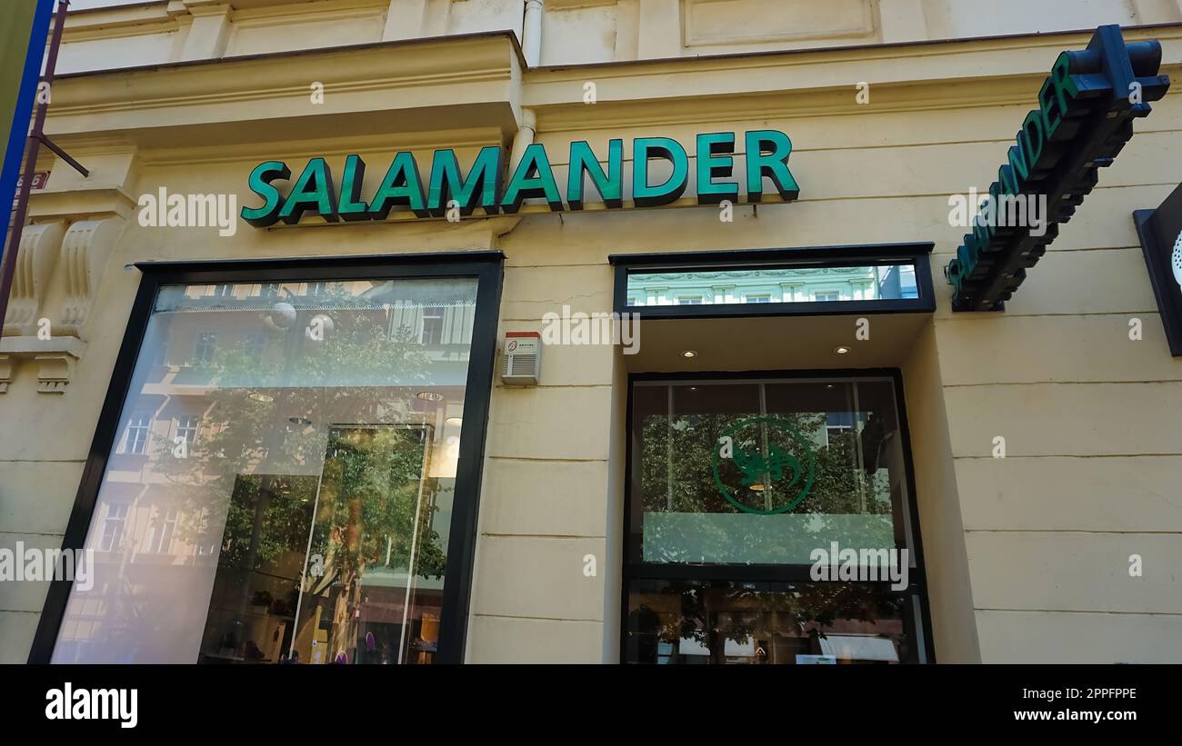 Prague, Czech Republic - May 11, 2022: Salamander shoes logo in front of their store in Prague. Salamander is a German fashion retailer specialized in Shoes, footwear and bags. Stock Photo