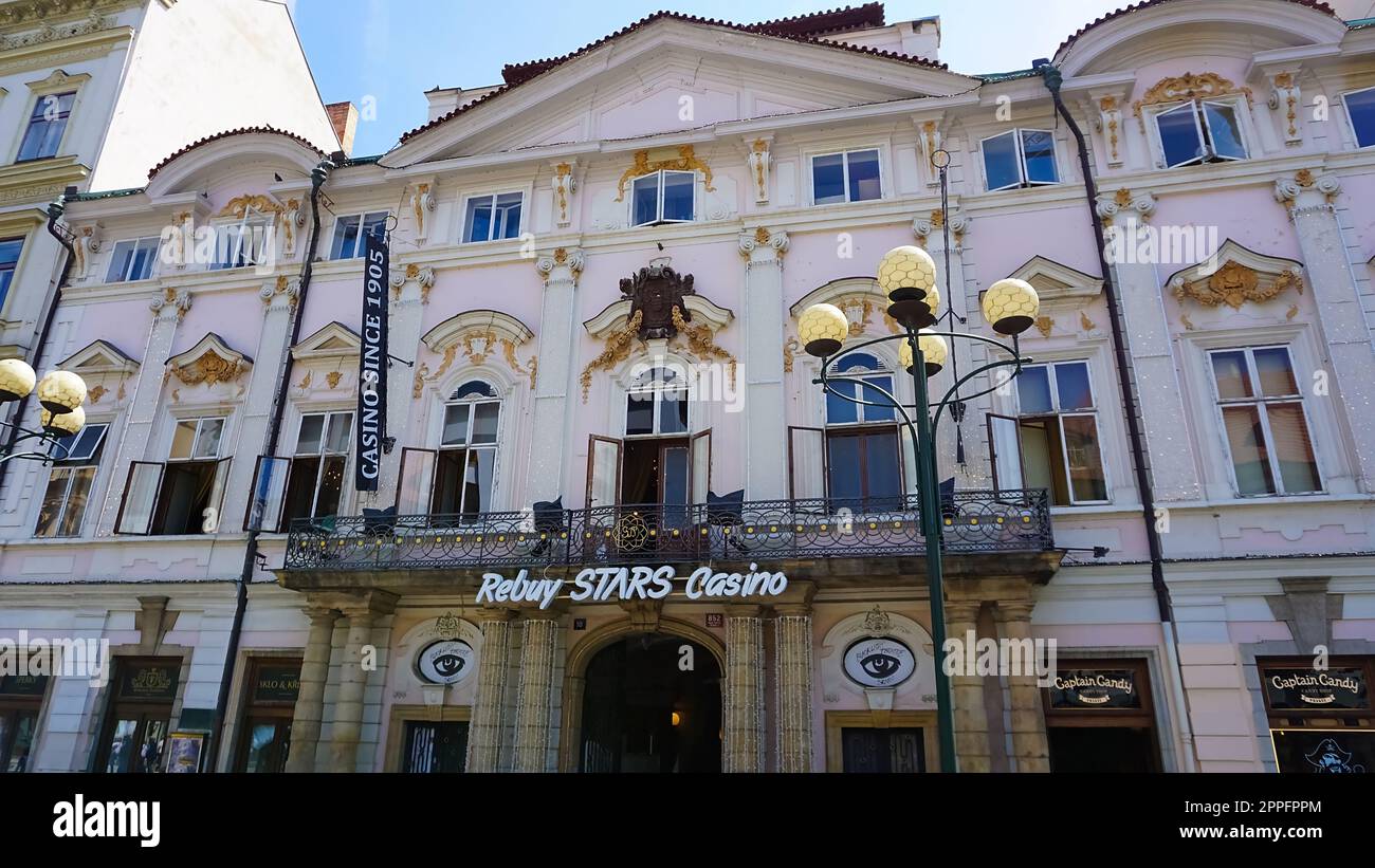 Prague, Czech Republic - May 11, 2022: : The upper facade of nonstop Casino Kartac on Na Prokope Street in Prague New Town. Stock Photo