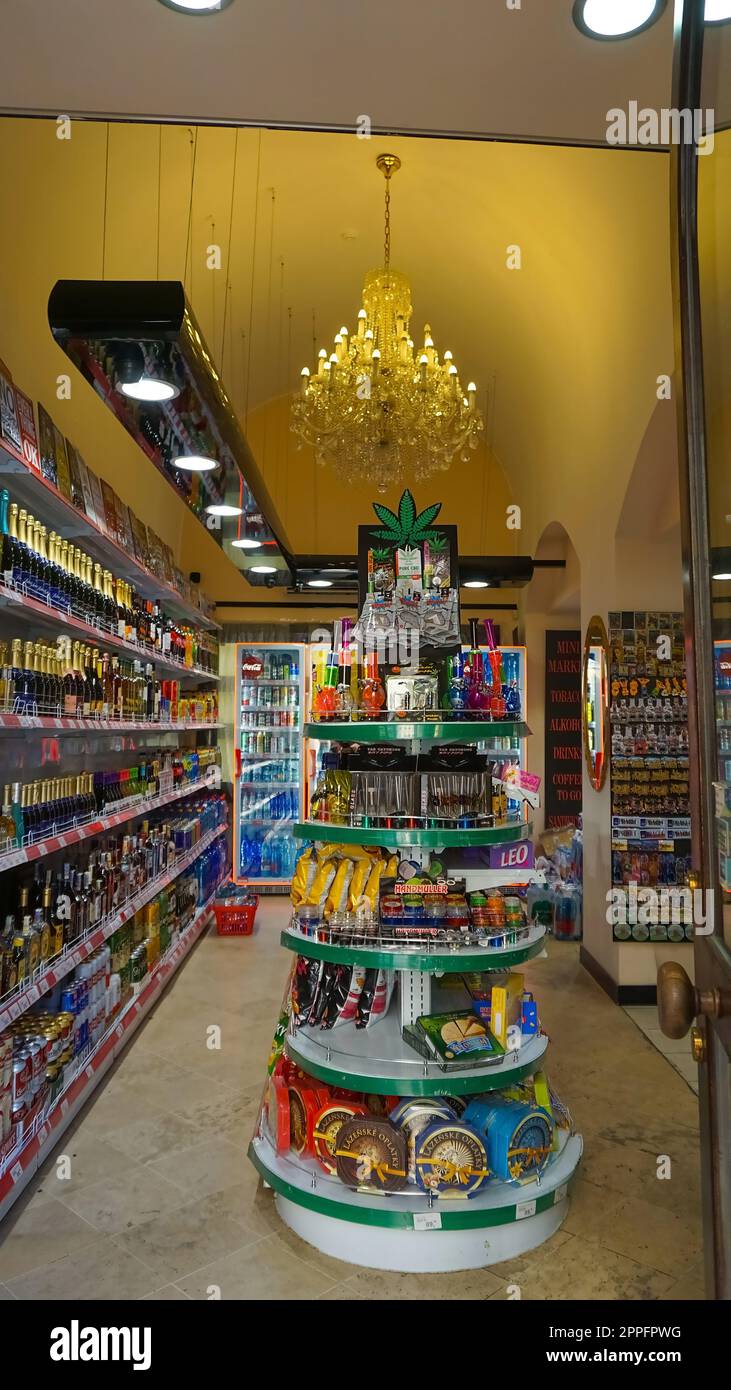 Prague, Czech Republic - May 11, 2022: Cannabies cookies and beer in shop Stock Photo