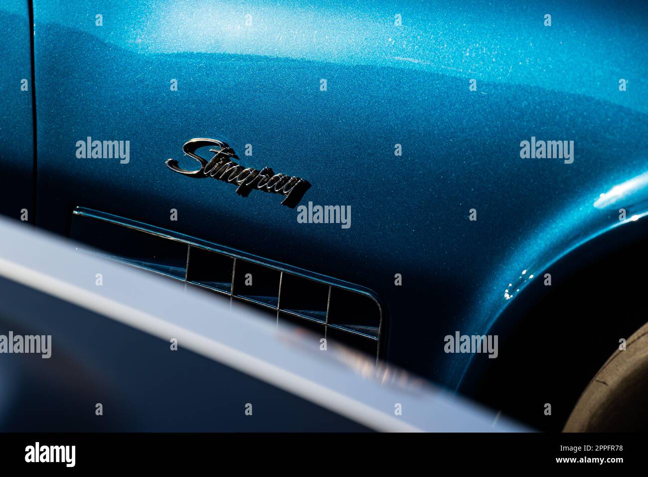 1970 Chevrolet Corvette Stingray Chrome Badge on Metallic Blue Paint