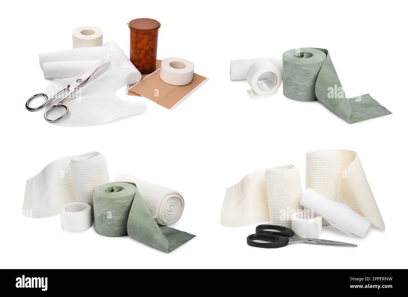 Set with gauze and elastic bandages on white background Stock Photo Alamy