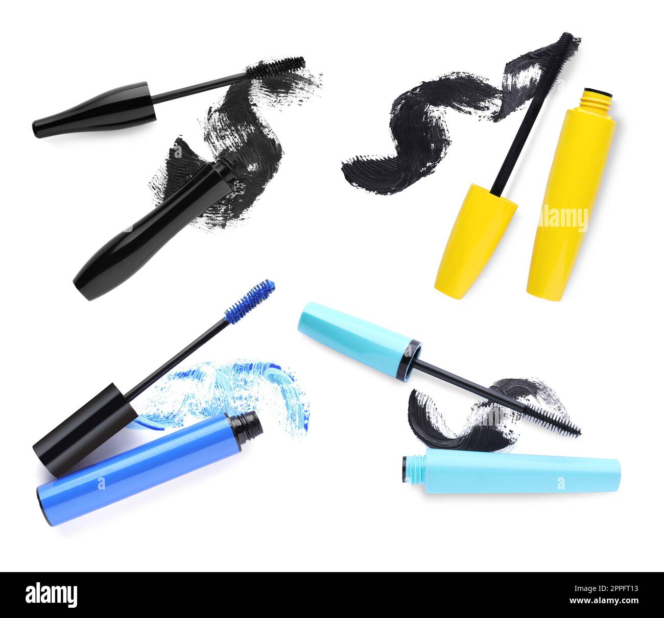 Set with different mascaras and strokes on white background, top view Stock Photo