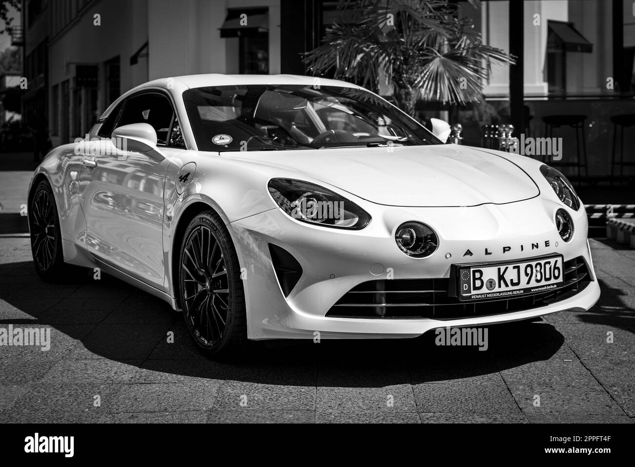 BERLIN JUNE 18, 2022 Sports car Alpine A110S, 2017. Black and white