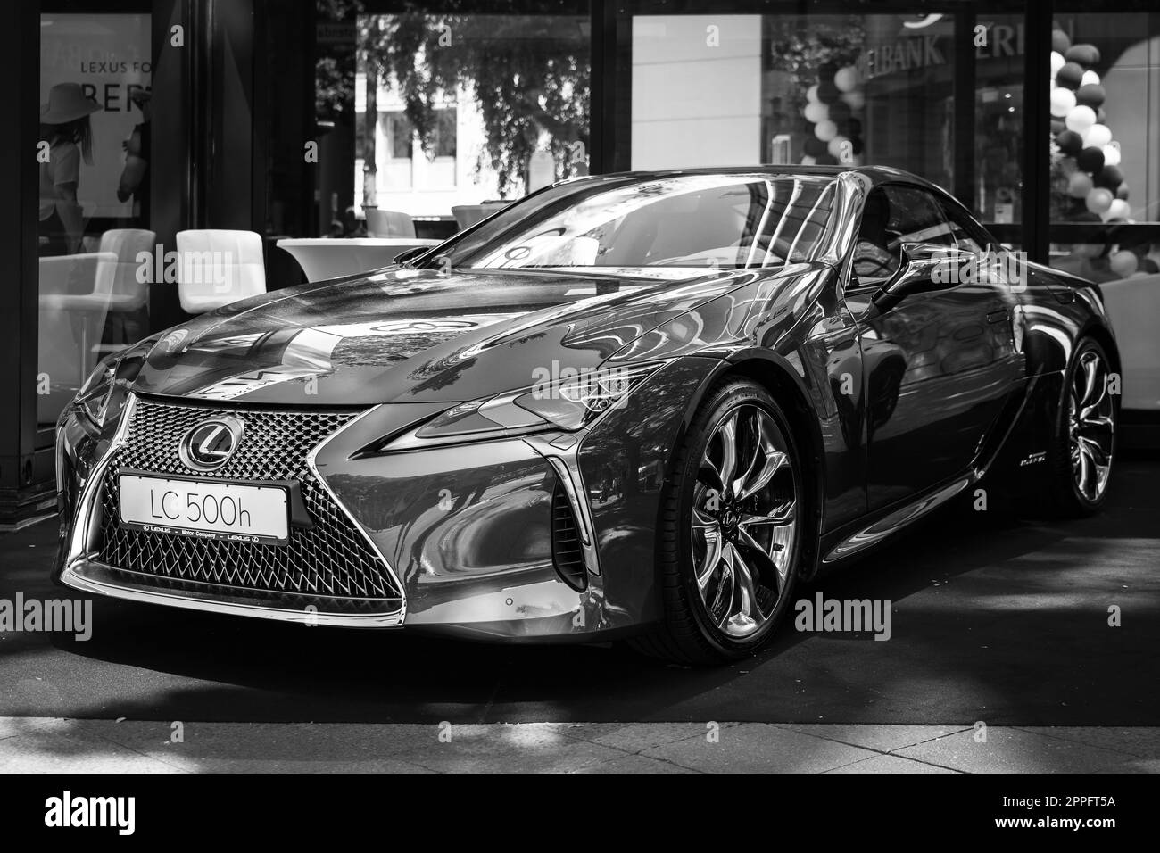 BERLIN - JUNE 18, 2022: Grand tourer, hybrid-electric model Lexus LC500h. Black and white. Classic Days Berlin. Stock Photo