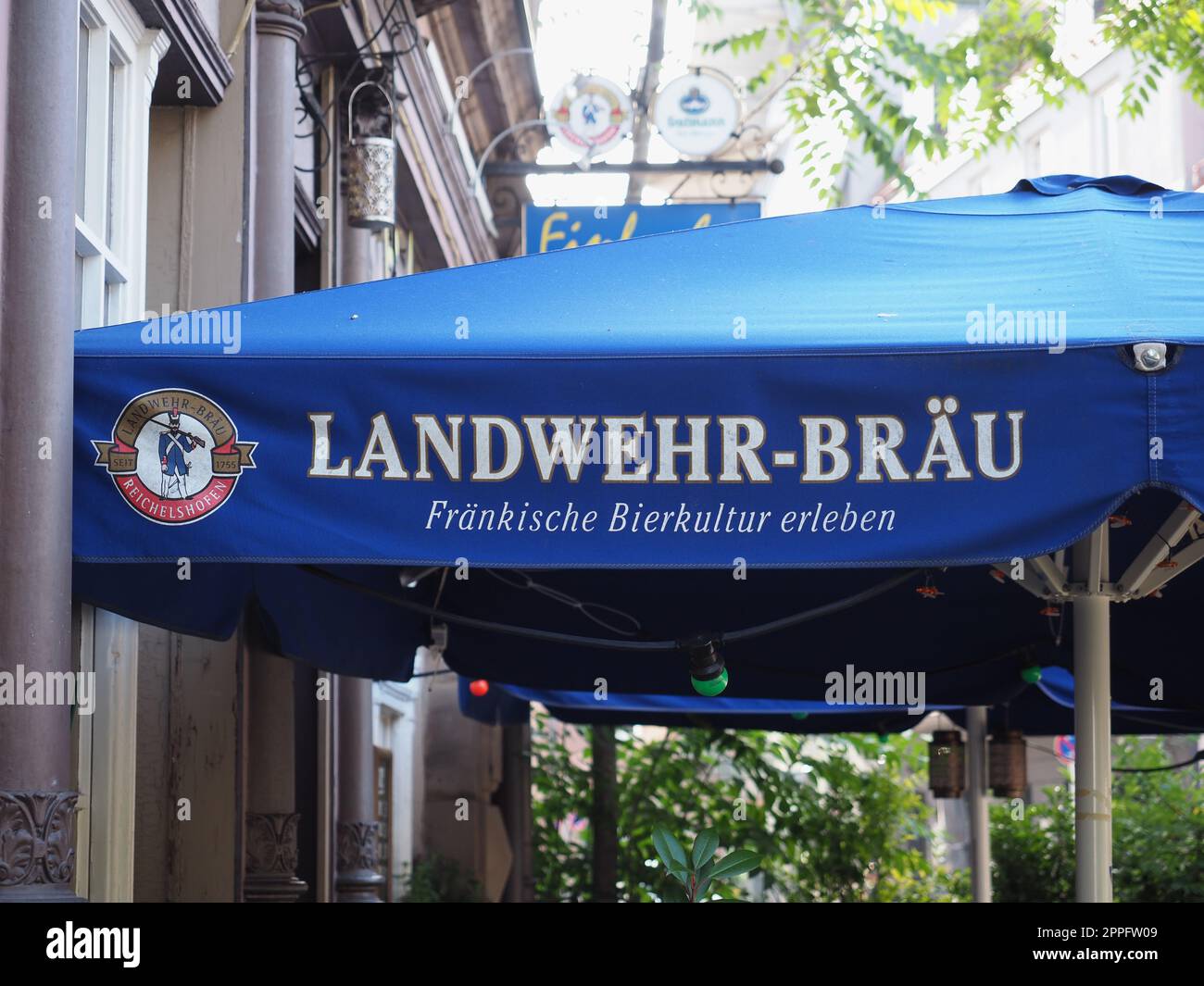 Landwehr Braeu beer sign in Nuernberg Stock Photo