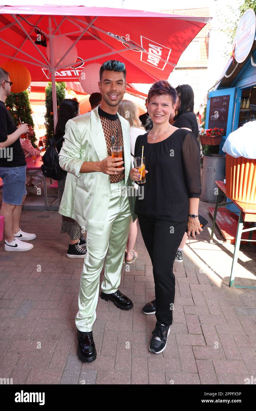 Elvis L Amoureux,Katharina Hauke (CEO),Lieferando Food-Queen Delivery presentation of the disguises of the drag queens in Olivia's Show Club on the Reeperbahn,Hamburg,19.07.2022 Stock Photo