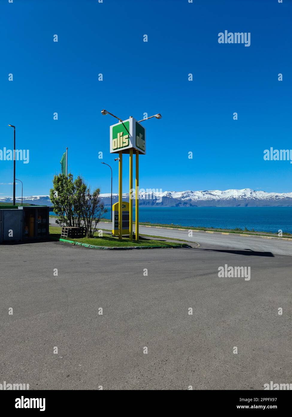 An Icelandic petrol station of the company Orkan - company logos and petrol prices in Icelandic landscape Stock Photo