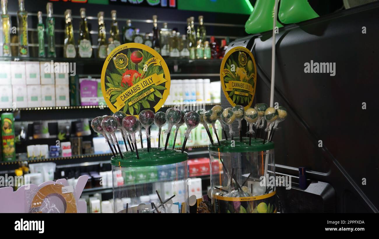 Cannabis lolly pop and alcohol shop in Prague, Czech Republic Stock Photo