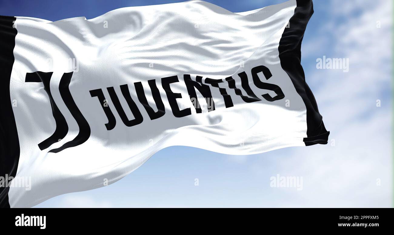 The flag of Juventus Football Club waving Stock Photo