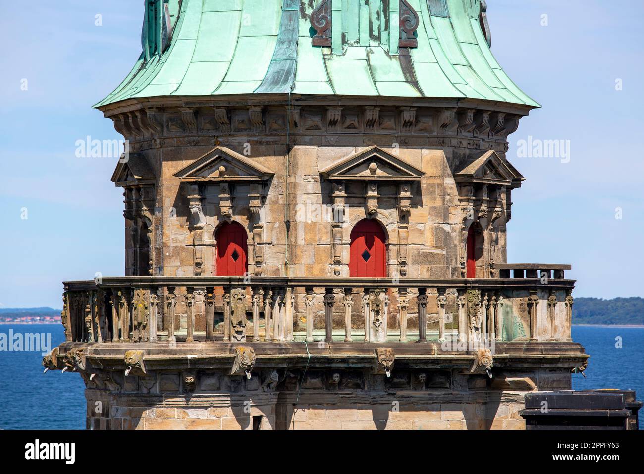 Medieval Kronborg Castle on the Oresund Strait, observation tower, Baltic Sea, Helsingor, Denmark Stock Photo