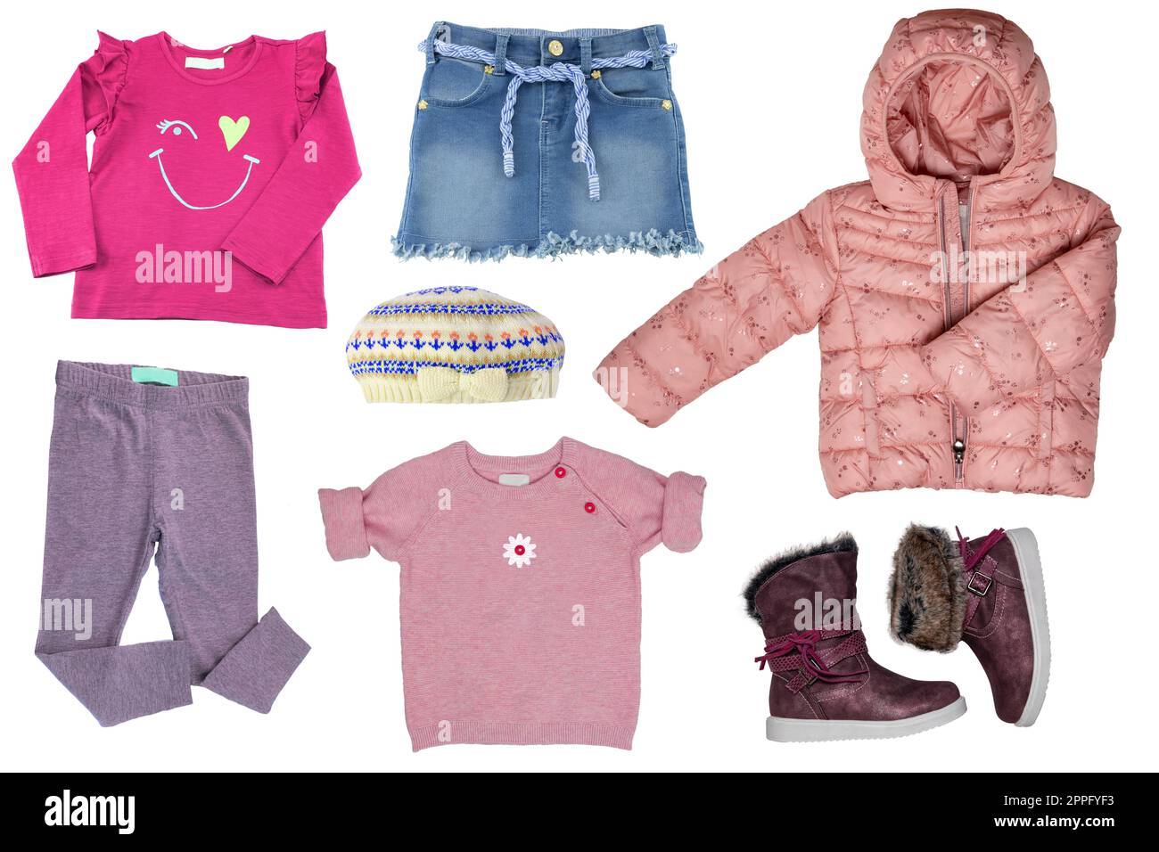 Collage set of clothes for a little girl isolated on a white background. The collection of a jeans skirt, a shirt and rain jacket, shirt and rain jacket, pants, sweater and boots. Stock Photo