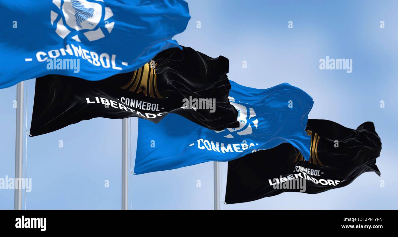 Flags with the CONMEBOL and Libertadores logo waving Stock Photo
