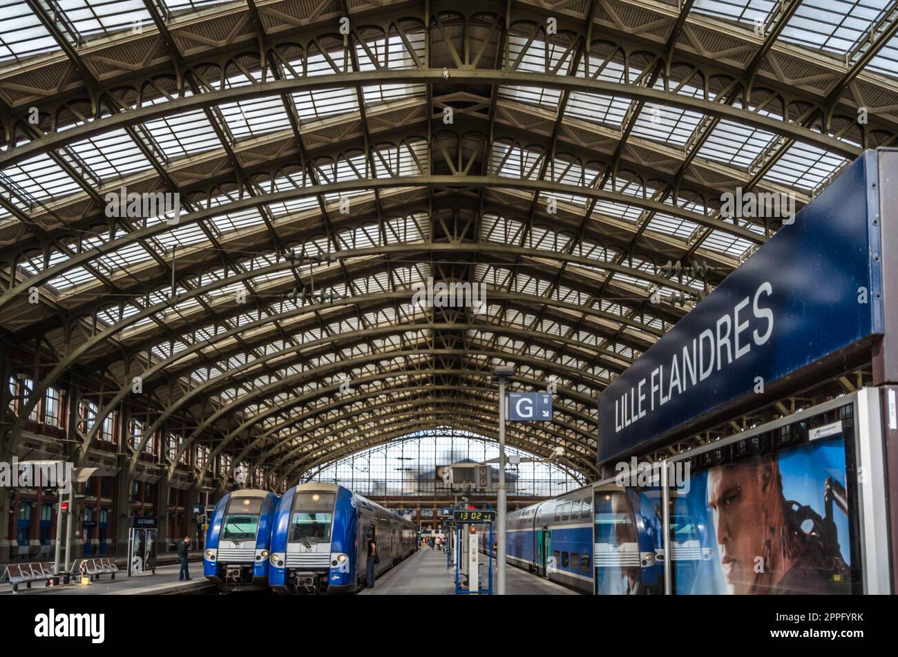 LILLE, FRANCE - AUGUST 17, 2013: Trains at Lille-Flandres railway station, northern France Stock Photo