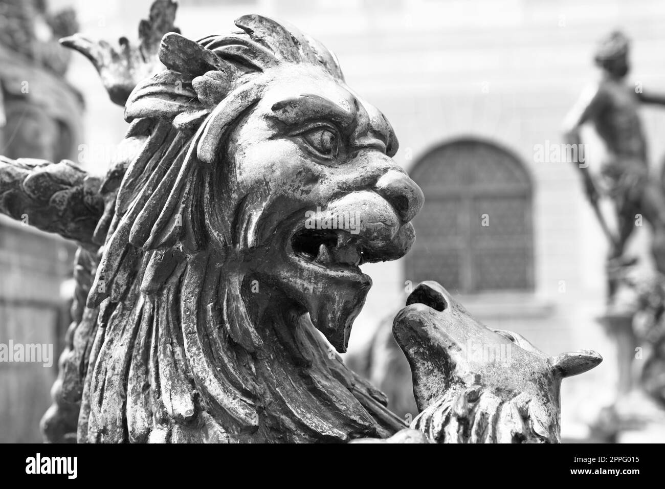 Black and white photo - mythical animal at the Wittelsbach fountain residence in Munich Stock Photo