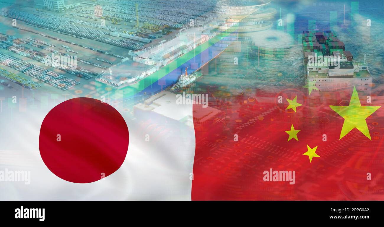 Japan China business trade and economic relationship. China electric car investment in Japan economy. Japanese companies go Zero China policy concept. Japan and china politics conflict. Trade war. Stock Photo