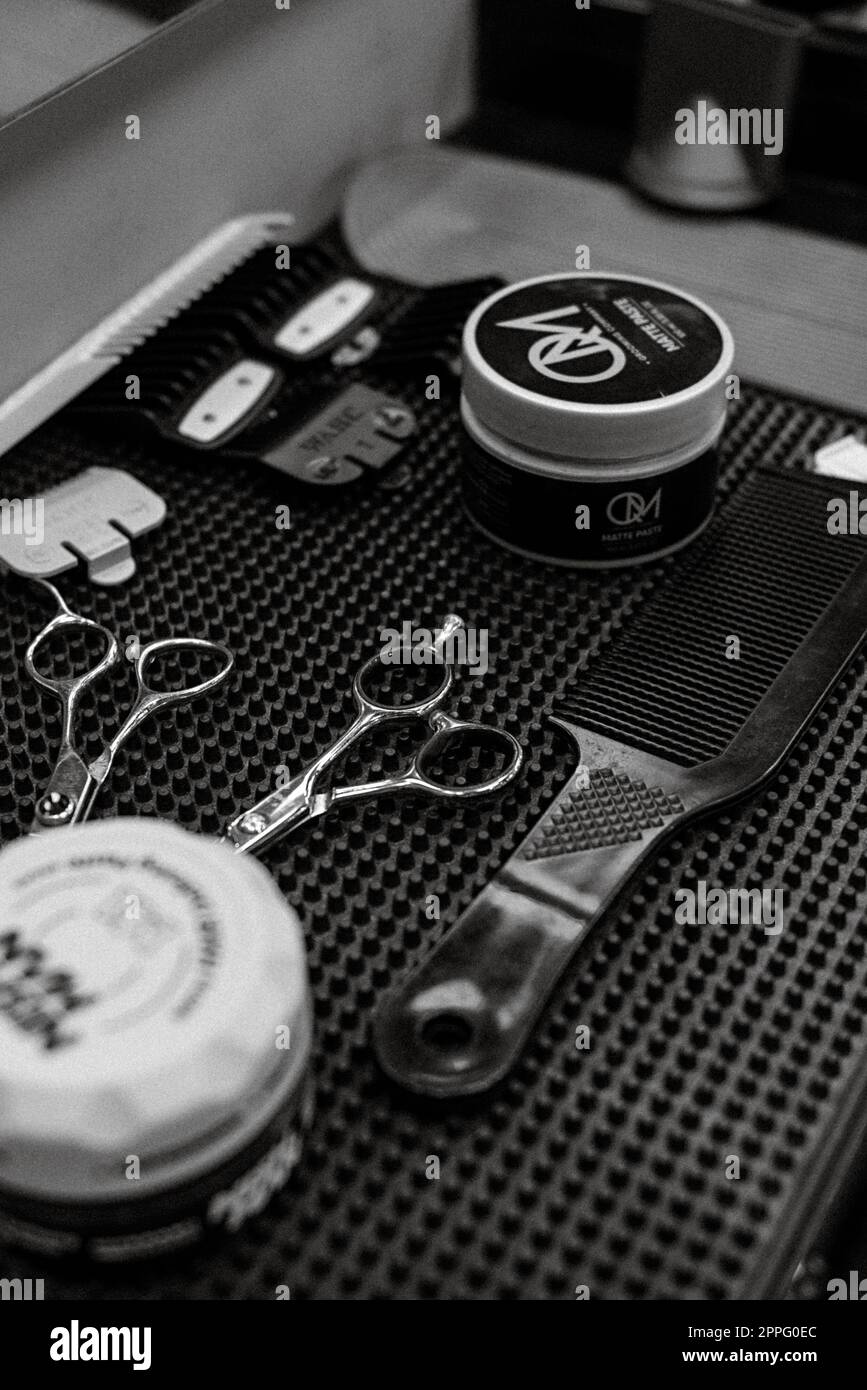 the tools of a Barber on the desktop Stock Photo