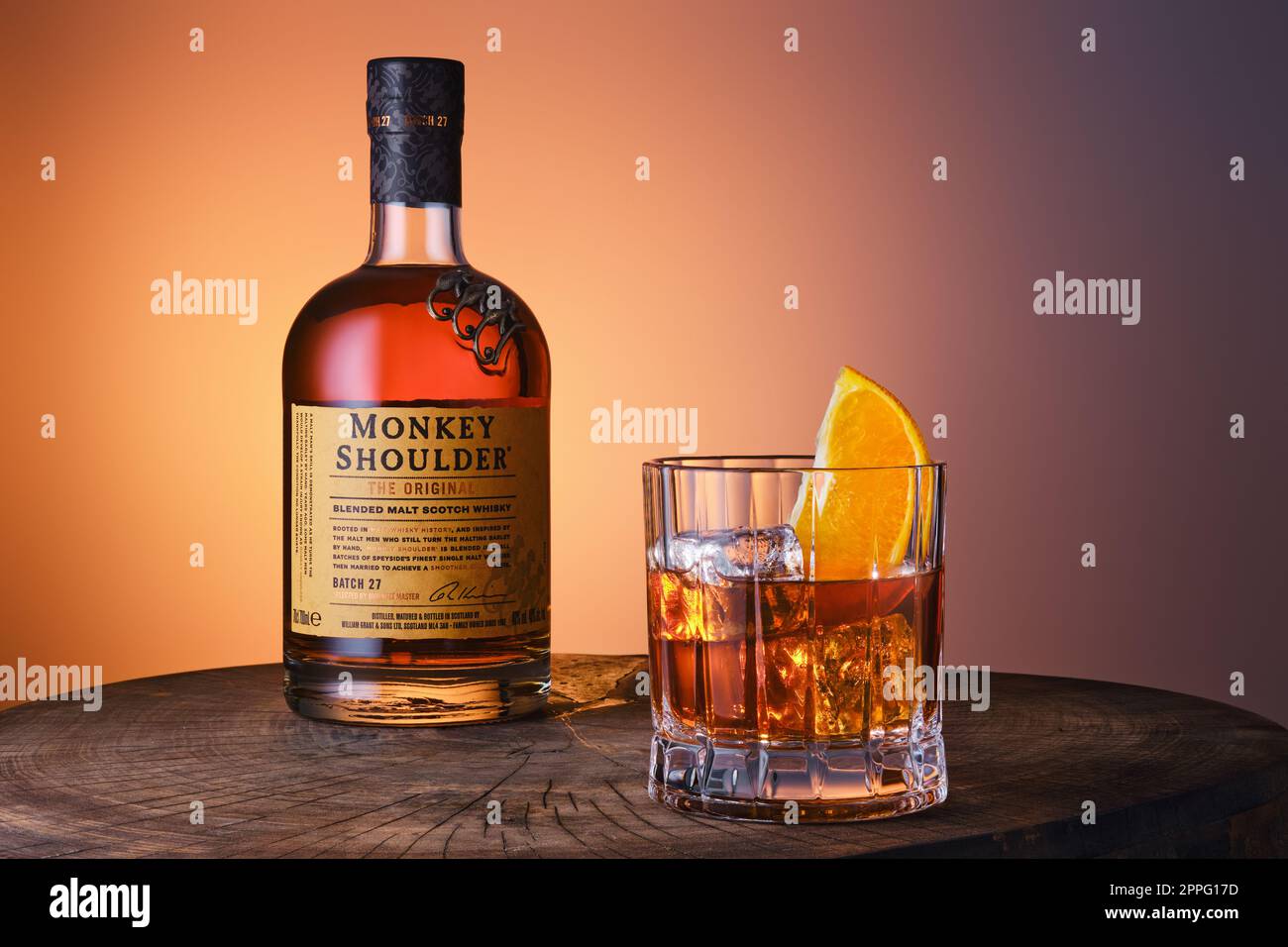 April 8,2022, Minsk, Belarus - bottle and glass with Monkey Shoulder blended malt scotch whisky Stock Photo